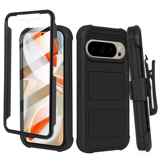 Thousandgear For Google Pixel 9 Pro XL 6.8" Screen Case with Belt Clip, Defender Full Protection Built in Screen & Rotating Belt Clip Holster with Built in Kickstand Ballistic Black