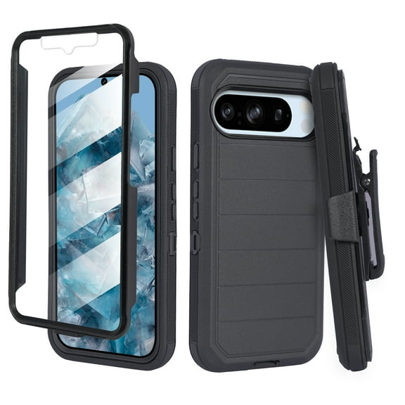 Thousandgear For Google Pixel 9 Pro XL 6.8" Screen Case with Belt Clip, Defender Full Protection Built in Screen & Rotating Belt Clip Holster with Built in Kickstand Pro Black