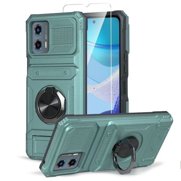 Thousandgear for Motorola Moto G 5G 2023 Phone Case, with Tempered Glass Screen Protector, Credit Card Holder, [Military Grade] Robotic Magnetic Support Car Mount Metal Ring Holder Kickstand