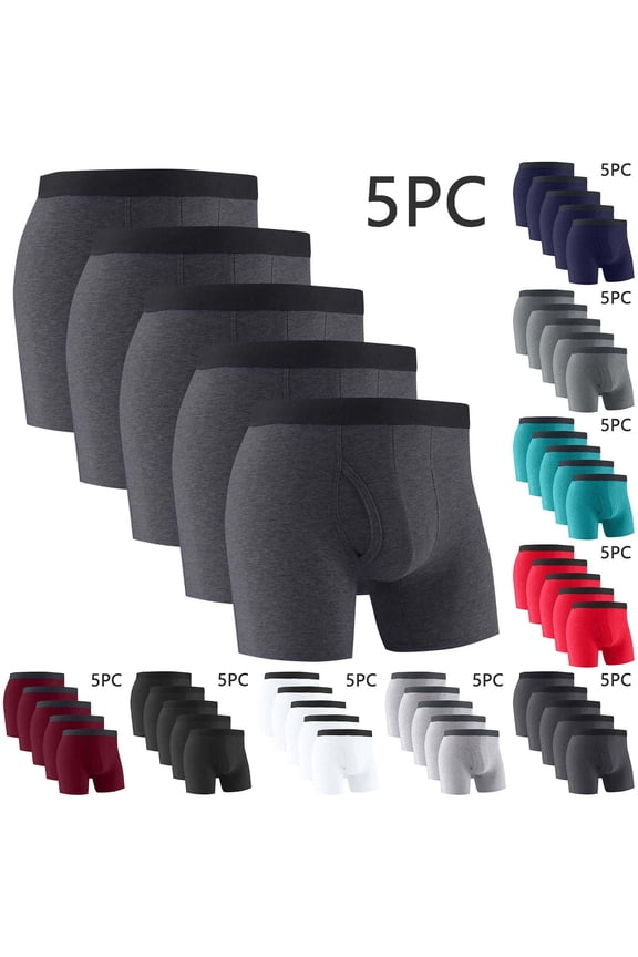 Cotton Boxer Briefs for Men 5-Pack Long Leg Lightweight Quick Drying Underwear with Open Fly Anti-Chafing Comfort Breathable Trunks