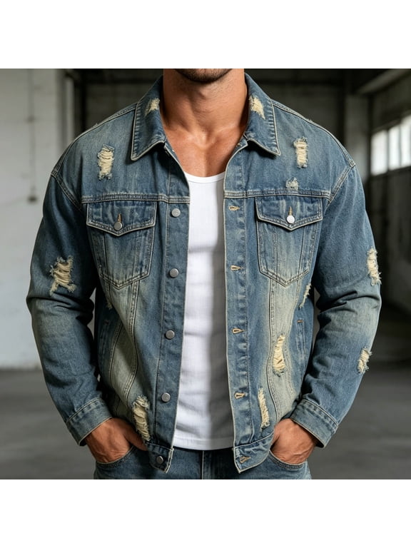Denim Cargo Jacket for Men Fashion Lapel Collar Button Down Outerwear Distressed Ripped Coat for Street Dating Daily Wear