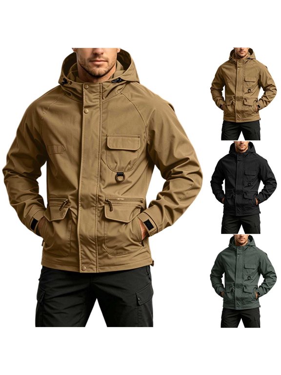 Heavy Duty Hooded Work Jacket for Men Plus Size Windproof Water Repellent Outdoor Coat with Zipper Travel Hiking Outerwear