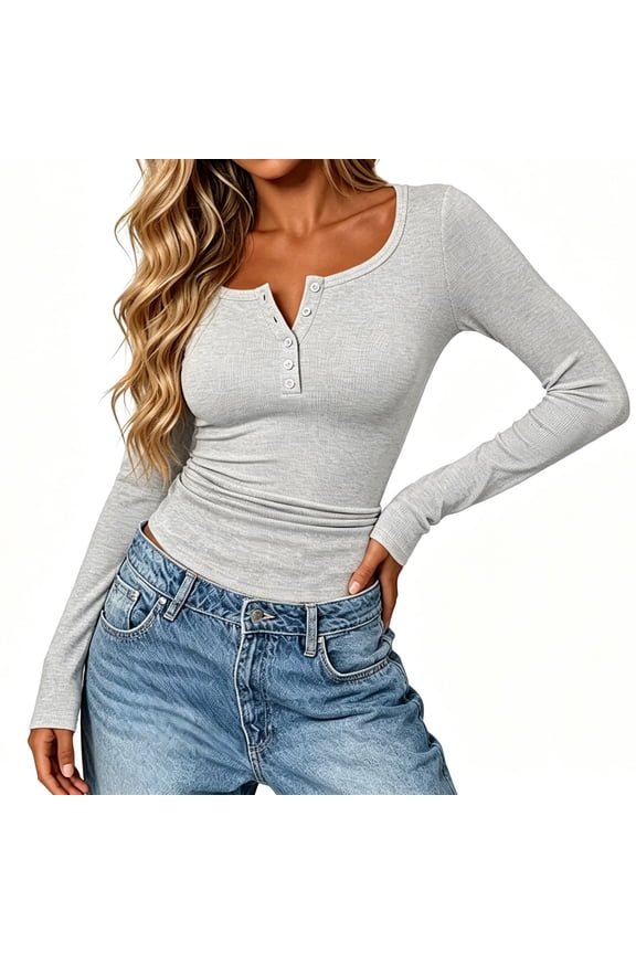 Henley Crop Tops for Women Casual Ribbed Knit Button Down Lightweight Shirts Slim Fit Breathable Long Sleeve Daily Tees Basic Layering Shirts