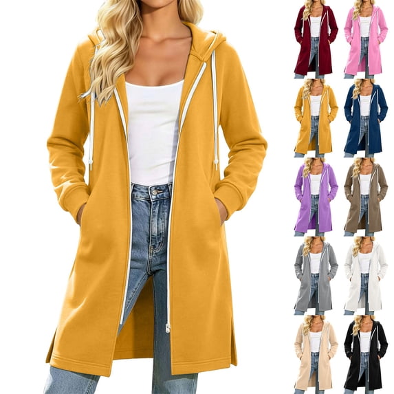 Thousandth Ladies Mid Length Zip Hoodie Long Coat Casual Drawstring Hood Sweatshirt Loose Fit Warm Outer Jacket for Fall Winter