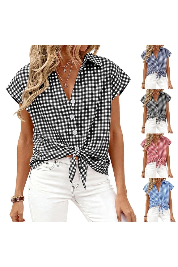 Ladies Summer Tops Casual Breathable V Neck Blouse Short Sleeve Slim Fit Shirts Classic Gingham Plaid Lapel Collar Button Front Tie Tops