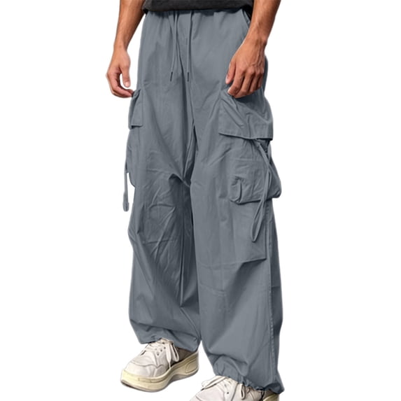 Thousandth Men Baggy Wide Leg Cargo Pants Loose Fit Elastic Drawstring Waist Pants Casual High Waist Daily Vacation Long Trousers