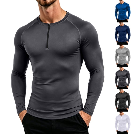 Thousandth Men Essential Fall Winter Athletic Base Tops Half Zip Mock Neck Compression Tops Quick Dry Thermal Tees for Hiking Gym Training Muscle Shaping