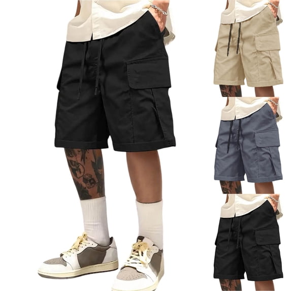 Thousandth Men Hiking Cargo Short Quick Dry Casual Multi Pocket Five Quarter Pants Shorts Outdoor Elastic Waist Drawstring Breathable Loose Work Short Pants