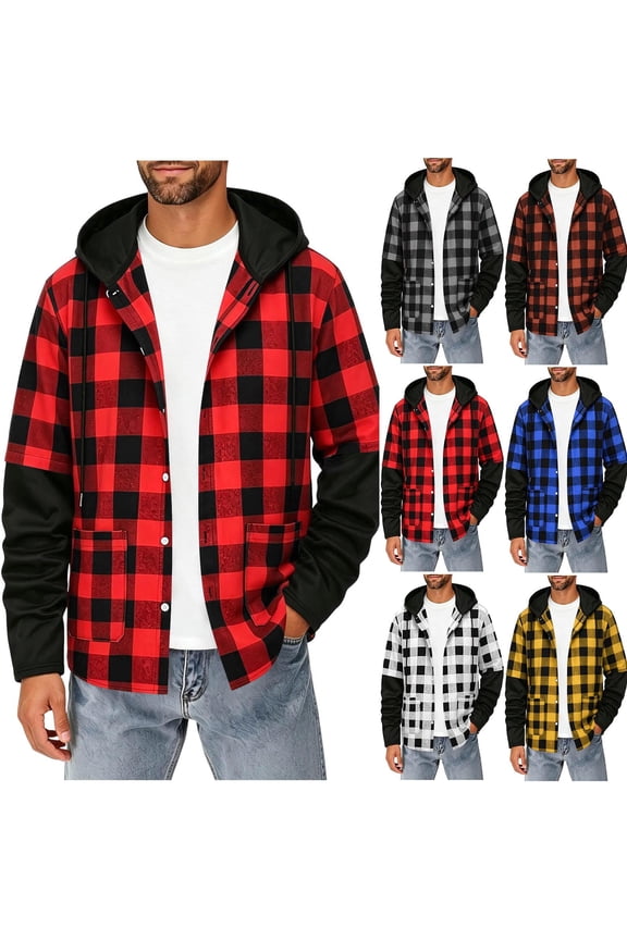 Men Hooded Plaid Flannel Jacket Casual Long Sleeve Shirts Fashion Loose Fit Button Down Shacket with Pockets for Fall Daily Wear