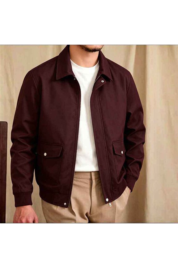Men Lapel Collar Work Outerwear Casual Zip Up Loose Fit Workwear Jacket with Flap Pockets for Daily Business Street Activities