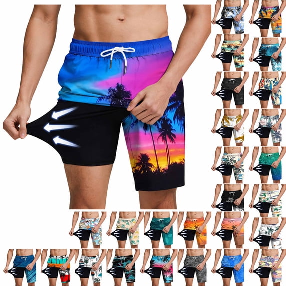 Thousandth Men's 2 in 1 Swim Trunks Casual Trendy Quick Dry Board Shorts Compression Liner Elastic Drawstring Loose Summer Vacation Pants for Swimming Surfing