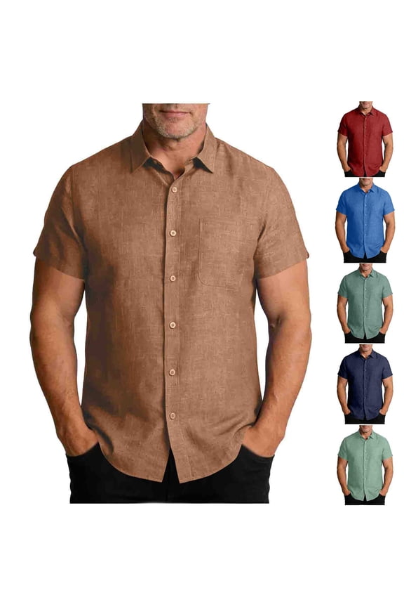 Men's Big & Tall Linen Blend Shirts Casual Button Down Breathable Short Sleeve Daily Shirts Classic Collar Summer Workwear Tops with Chest Pocket