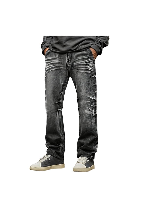 Men's Casual Fashionable Plus Size Solid Color Slim Straight Denim Jeans with Faded Wash Distressed Details
