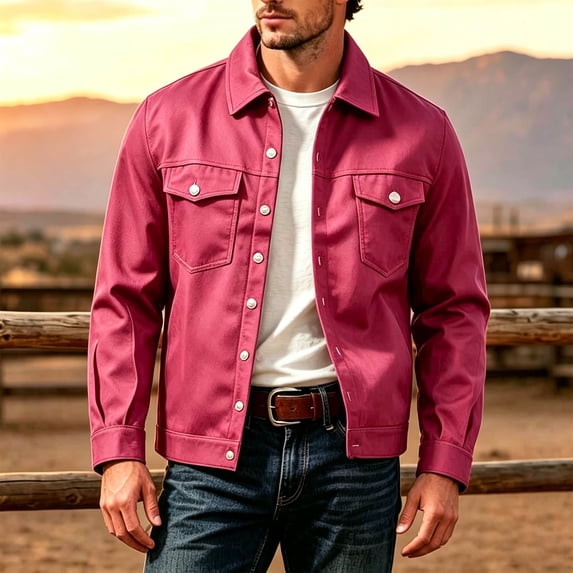 Thousandth Men's Casual Trucker Jacket Lapel Collar Button Down Outerwear Classic Utility Coat with Pockets Spring Fall Winter Clothes