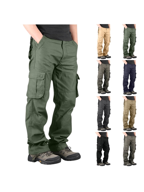 Men's Classic Cargo Pants Casual Water Resistant Heavy Work Trousers with Multi Pockets Relaxed Loose Fit Pants for Outdoor Hiking Camping Fishing