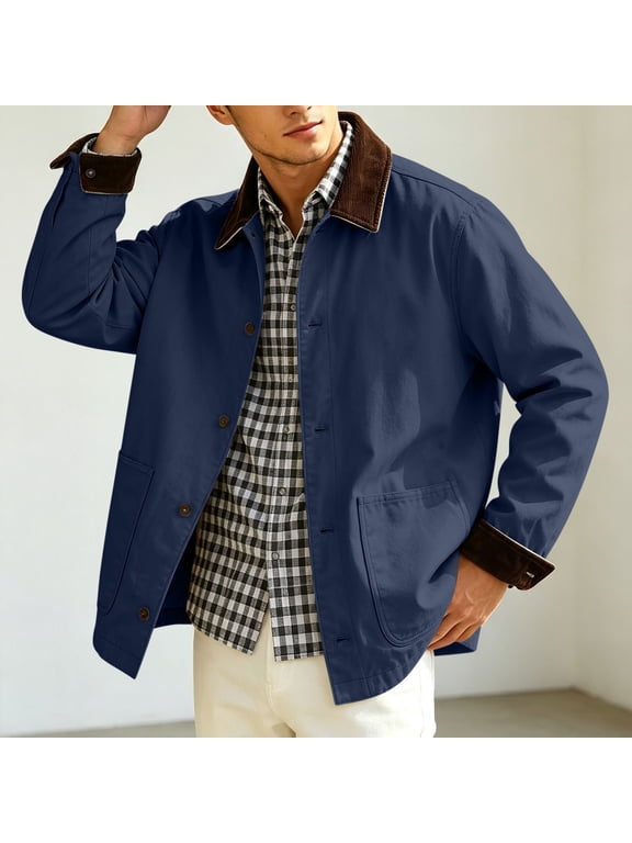 Men's Classic Fit Jacket Workwear Canvas Coat Vintage Button Front Long Sleeve Jacket Casual Fall Commuter Outerwear