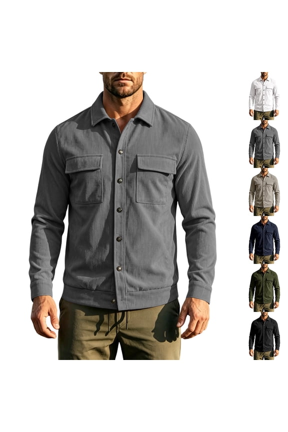 Men's Corduroy Trucker Jacket Retro Button Front Long Sleeve Coat Casual Loose Fit Shacket with Patch Pockets for Daily
