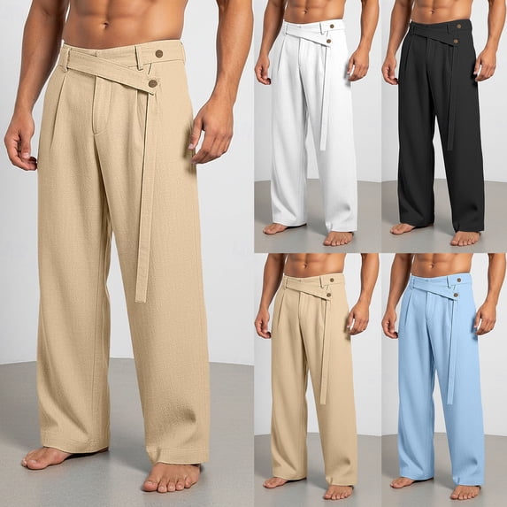 Thousandth Men's Cotton Linen Pants Casual Linghtweight Wide Leg Cross Over Pants Button High Waist Pleated Loose Fit Breathable Summer Beach Trousers