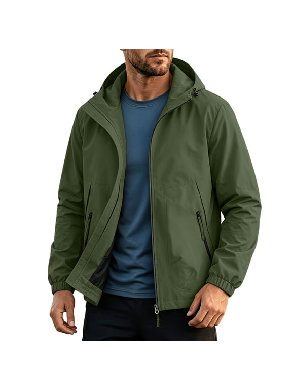Men's Hooded Windproof Jacket Big and Tall Full Zip Outerwear Casual Lightweight Multi Pockets Coat for Hiking Daily Outdoor Wear