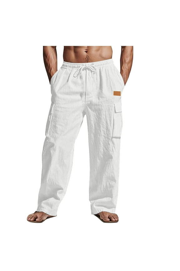 Men's Imitation Cotton and Linen Solid Color Relaxed Fashionable Multi Mouth Bag Elastic Waist Drawstring Casual Straight Leg Pants