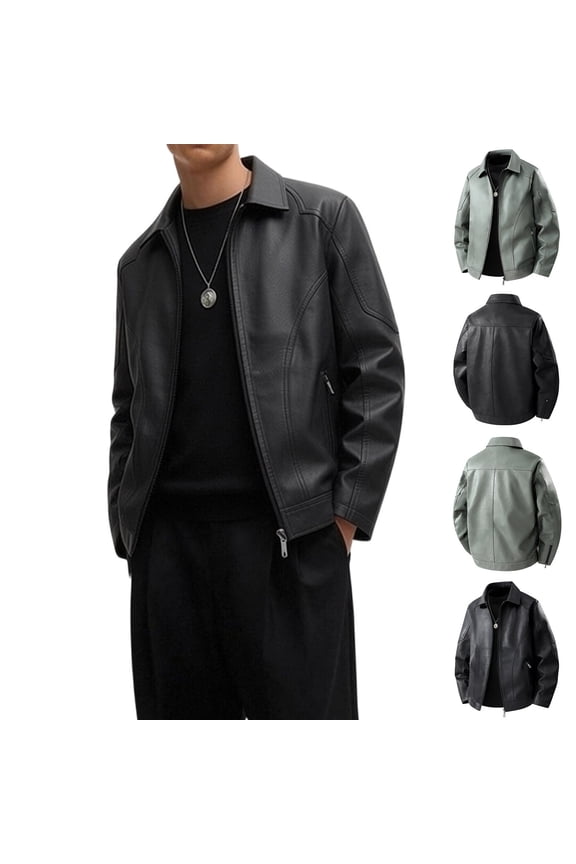 Men's Lapel Faux Leather Jacket Casual Full Zip Biker Style Jacket Trendy Loose Fit Varsity Outerwear for Everyday