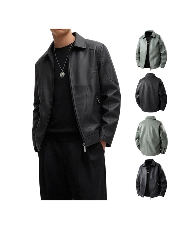 Men's Lapel Faux Leather Jacket Casual Full Zip Biker Style Jacket Trendy Loose Fit Varsity Outerwear for Everyday