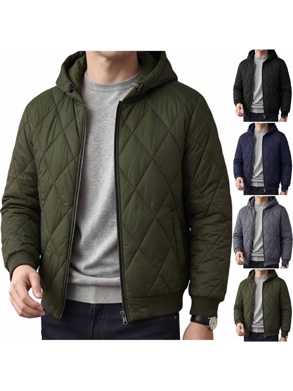 Men's Lightweight Quilted Hooded Jacket Casual Zip Up Puffer Loose Fit Coat Windbreaker Fall Outwear with Ribbed Cuffs for Daily