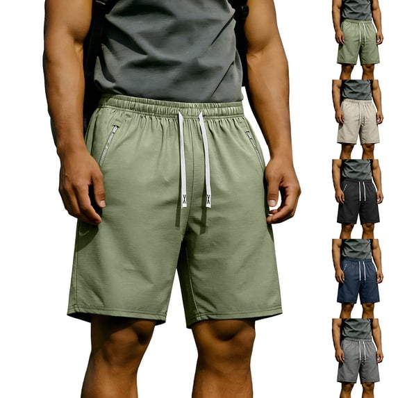 Thousandth Men's Lightweight Zipper Pocket Casual Vacation Breathable Solid Color Straight Leg Running Pants Drawstring Closure Bandage Elastic Waist Fashionable Shorts