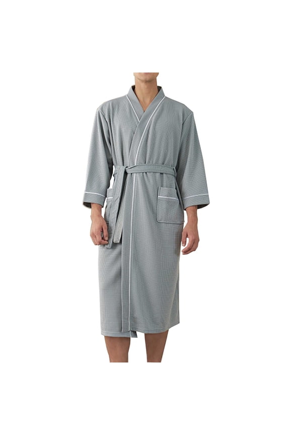 Men's Loose Waffle Kimono Style Robe, Soft Cozy Long Sleeve Casual Sleepwear with Pockets Drawstring Waist