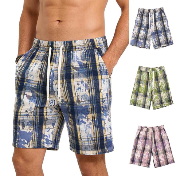Thousandth Men's Plus Size Casual Elastic Waistband Fashionable Drawstring Checkered Athletic Five Point Ice Silk Quick Drying Shorts