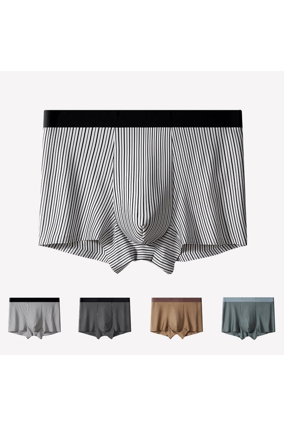 Men's Striped Boxer Briefs Fashion High Elastic Soft Breathable Underwear Classic Fit Stretchy Trunks with Support Pouch for Daily Wear