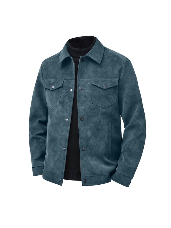Men's Suede Jacket Collared Button Up Coat Vintage Western Style Long Sleeve Jacket Fall Winter Warm Casual Moto Outerwear