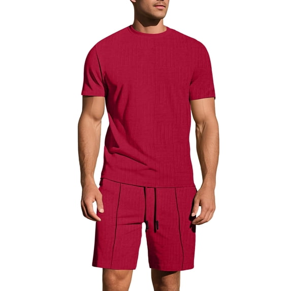 Thousandth Men's Summer Casual Loungewear Short Sleeved Round Neck Pullover T-Shirt Top with Elastic Waist Pocket Shorts Set Pajama Set