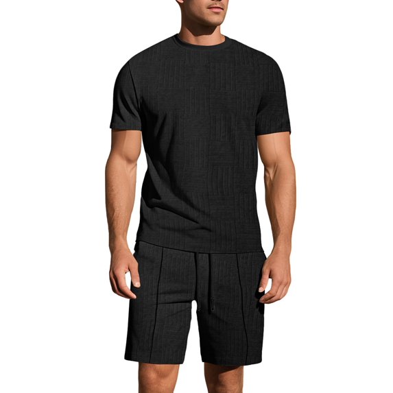 Thousandth Men's Summer Casual Loungewear Short Sleeved Round Neck Pullover T-Shirt Top with Elastic Waist Pocket Shorts Set Pajama Set