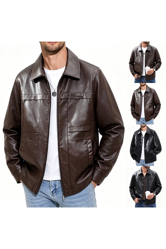 Men's Vintage Collar Jacket with Front Zipper Casual Distressed Faux Leather Coat for Fall Versatile Outerwear for Daily Look