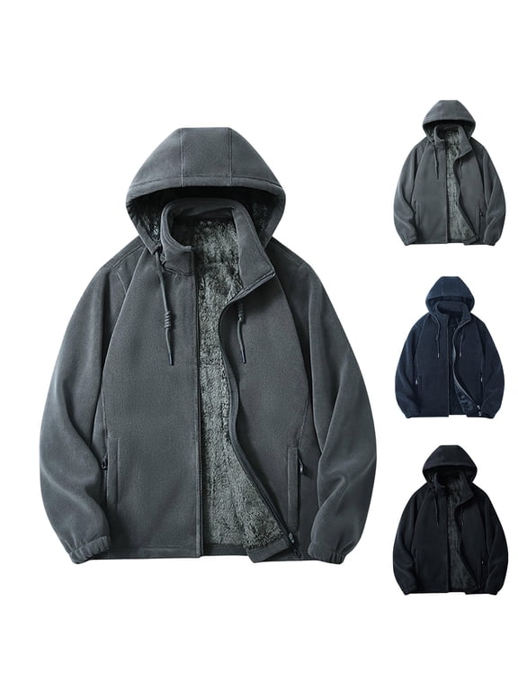 Men's Warm Fleece Hooded Jacket Plus Size Full Zip Thick Sherpa Lined Winter Coat with Drawstring Hood Cold Weather Gear