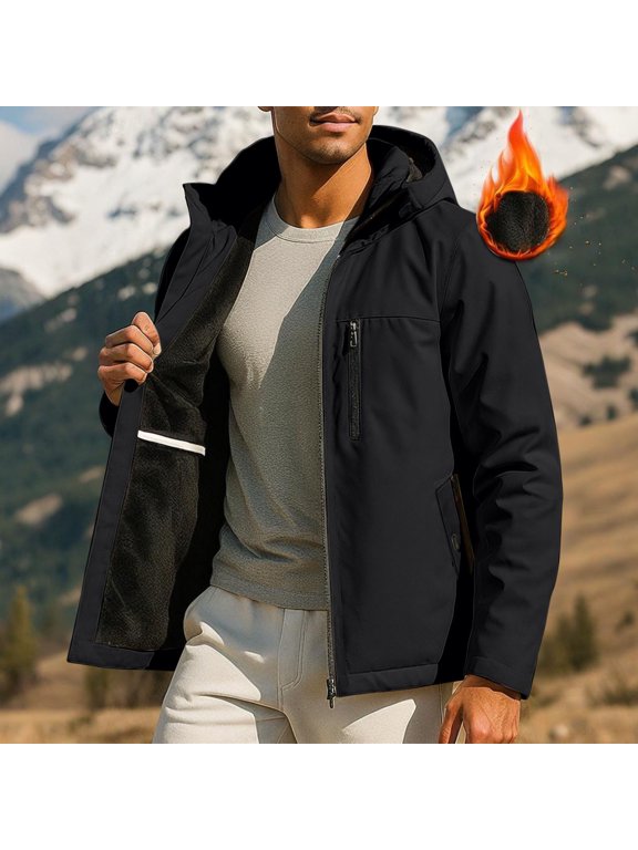 Men's Zip Up Hooded Jacket Trendy Plus Size Windproof Outerwear Repellent Shell Jacket Warm Thermal Coat for Cold Weather