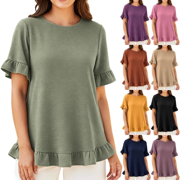 Thousandth Plus Size Blouse for Women Casual Textured Loose Fit Tunic Linghtweight Short Sleeve Tops Round Neck Double Ruffle Hem Summer Shirts for Everyday