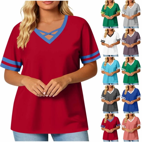 Thousandth Plus Size Blouses for Women Summer Casual Loose Fit Shirts Breathable Fashion V-Neck Cross Neckline Short Sleeved Tops