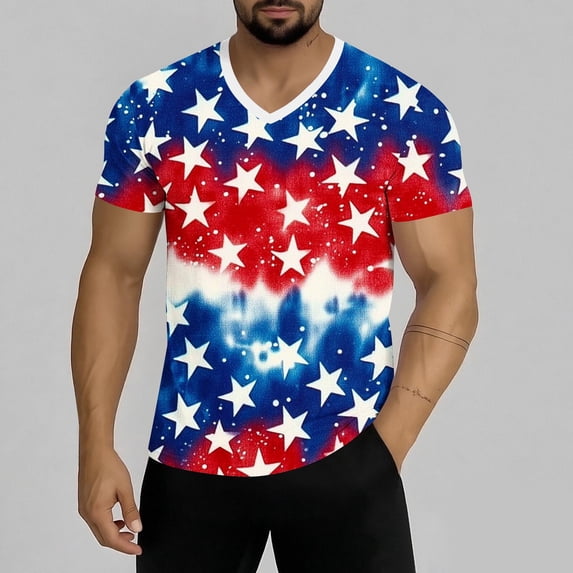 Thousandth Plus Size Patriotic Tops for Men Casual Tie Dye V-Neck T-Shirts Summer Breathable Fashionable Streetwear Star Graphic Tees for BBQ Vacation Party