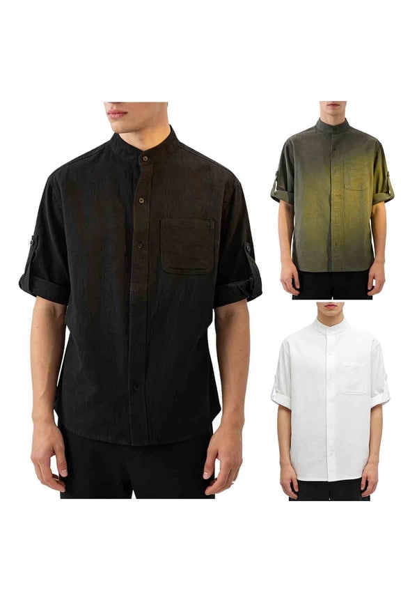 Plus Size Shirts for Men Casual Stand Collar Short Sleeve Tops Plain Trendy Roll Tab Cuffs Button Up Summer Tops for Daily Wear