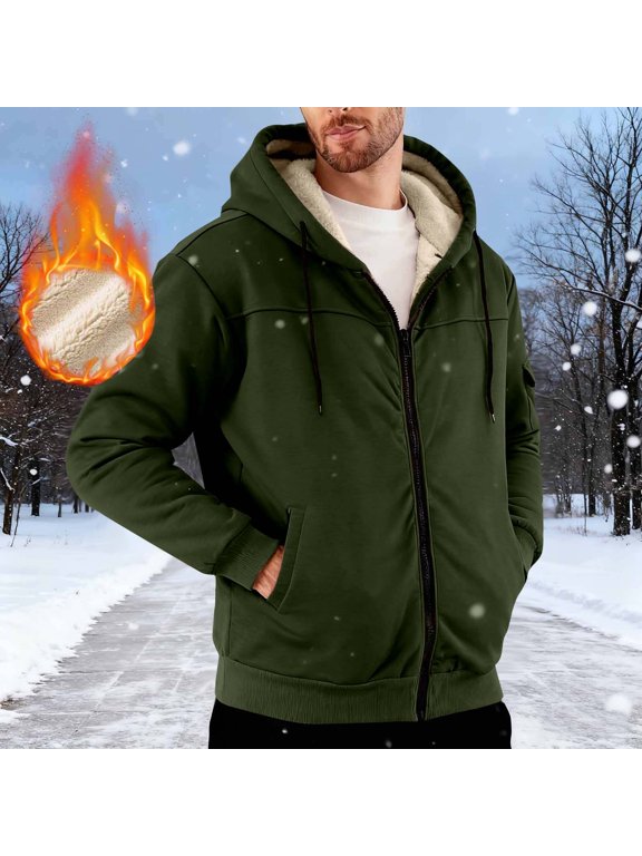 Sherpa Lined Hooded Outerwear for Men Casual Warm Full Zip Jacket Drawstring Hood Coat for Camping Winter Weekend Daily Activities