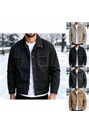 Sherpa Lined Trucker Jacket for Men Lapel Collar Button Front Outerwear Casual Multi Pockets Work Coat for Outdoor Daily Street