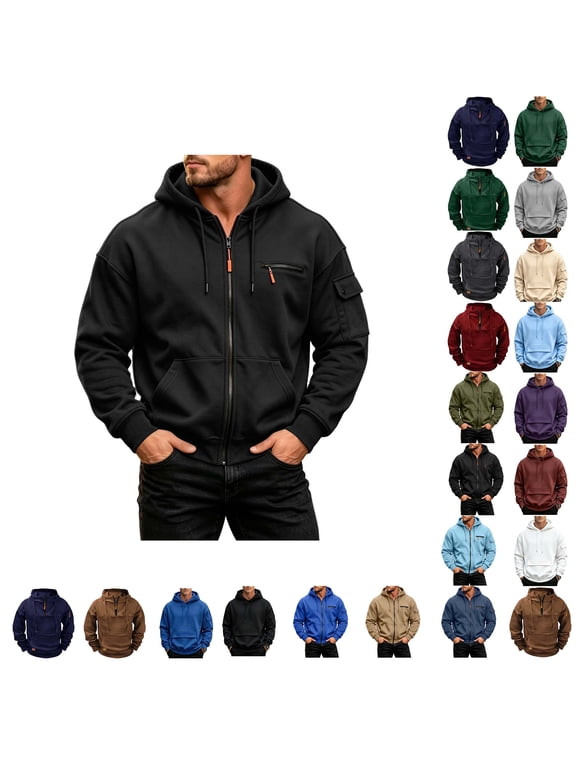Utility Half Zip Hoodie for Men Multi Zippered Pockets Long Sleeve Pullover Sweatshirt Warm Loose Top for Weekend Camping