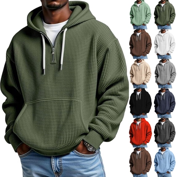 Thousandth Waffle Knit Quarter Zip Sweatshirt for Men Plus Size Textured Drawstring Hooded Pullover Loose Fit Long Sleeve Hoodie