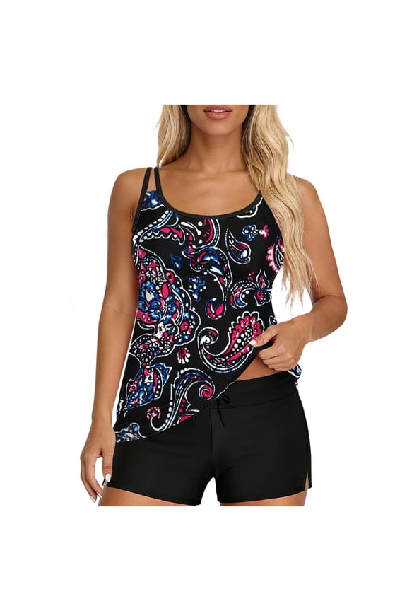 Women Hawaiian Printed Backless Off-Shoulder Set Swimwear Bathing Suit Loose Summer Tankini Top Tank Swimsuit with Tummy Control Boy Shorts