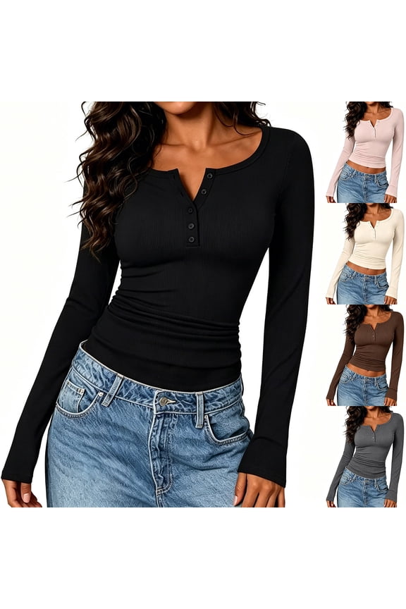 Women Henley Crop Tops Casual Ribbed Knit Button Down Breathable Shirts Slim Fit Long Sleeve Lightweight Daily Tees Basic Layering Shirts