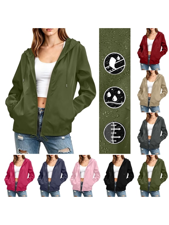 Women Hooded Windbreaker Jacket Casual Lightweight Outdoor Windproof Loose Fit Coat Trendy Zip Up Daily Wear Outerwear