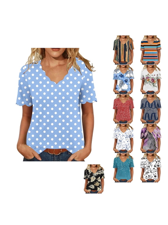 Women V Neck Tops Plus Size Short Sleeve Loose Fit Tunic Blouse Loose A Line Flowy Pullover Hides Tummy & Look Younger Daily Wear