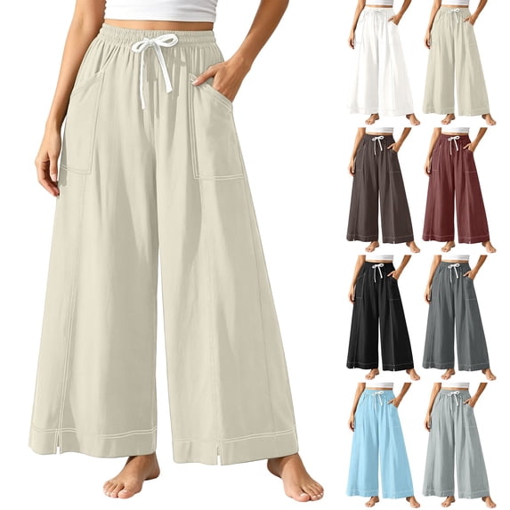 Thousandth Women Wide Leg Palazzo Pants Casual Cotton Elastic Drawstring High Waist Trousers With Pockets Loose Fit Vacation Beach Flowy Pants